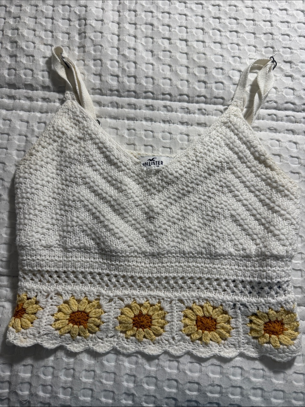 Hollister White Crochet Crop Top with Yellow Sunflower Trim